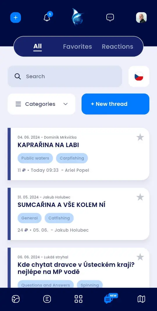 Forum threads in the Fishsurfing app
