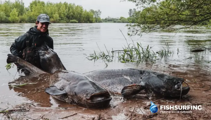 While small fish seek shelter near the shore, catfish often take advantage of their accumulation in floods and feast to bursting.